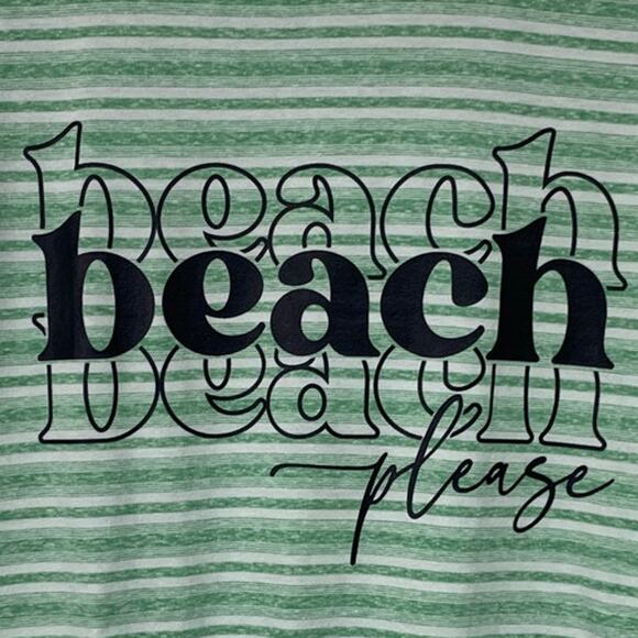 New Upcycled Hand Printed Womens Medium Striped Beach Please Crew Neck Tee - Picture 2 of 4